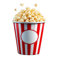 Red and white striped popcorn bucket overflowing with fluffy, golden popcorn. png