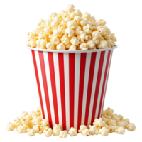 A close-up of a red and white striped popcorn bucket overflowing with fluffy, golden popcorn. png