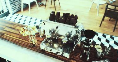 Modern coffee bar setup featuring espresso machine and snacks for customers video