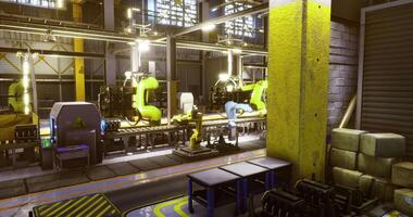 Modern facility with robotic arms and automated machinery operating video