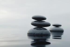 Smooth black stones rest gently on a still, reflective water surface, creating a serene atmosphere perfect for meditation and focus. The misty backdrop enhances the tranquil mood photo