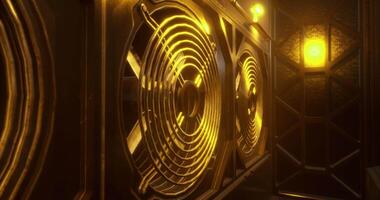 Golden speaker design with intricate patterns and lighting in a modern space video