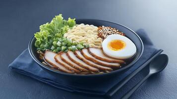 A beautifully arranged bowl of ramen with sliced pork, soft-boiled egg, greens, and noodles photo