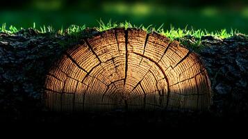 Close-up view of a tree stump with intricate rings and green grass in a serene outdoor setting photo