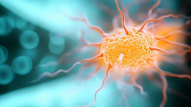 Close-up view of a vibrant, abstract representation of a cell with intricate details and glowing effects photo