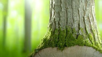 Close-up view of a tree trunk with moss in a lush green forest, sunlight filtering through trees photo