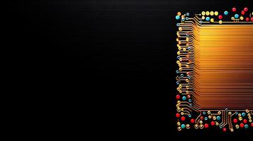 Close-up view of a vibrant circuit board with colorful components on a dark background photo