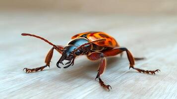 Close-up view of a vibrant beetle on a wooden surface, showcasing its intricate patterns and colors photo