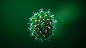 Close-up view of a vibrant green cactus with white spines against a blurred green background photo