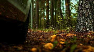 Close-up view of a vehicle tire on forest floor surrounded by trees and foliage in autumn photo