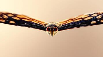 Close-up view of a vibrant insect in flight against a soft gradient background photo
