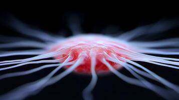 Close-up view of a vibrant jellyfish with flowing tentacles against a dark background photo