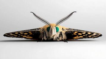Close-up view of a vibrant moth with striking green eyes and patterned wings against a neutral backdrop photo