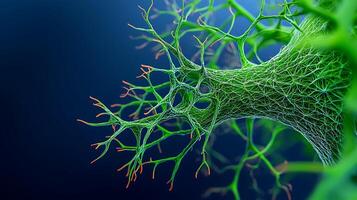 Close-up view of a vibrant green neuron structure against a dark blue background, illustrating neural connections photo