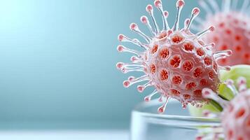 Close-up view of a virus model showcasing its structure against a soft blue background photo