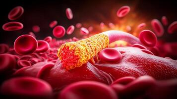 Close-up view of a vibrant red blood cell environment with a virus attacking, showcasing dynamic action photo