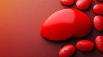 Close-up view of a vibrant red heart shape surrounded by red blood cells on a smooth gradient background photo