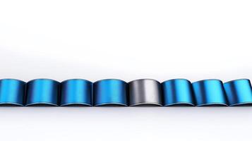 Close-up view of alternating blue and silver decorative ribbon with a smooth texture against a white background photo