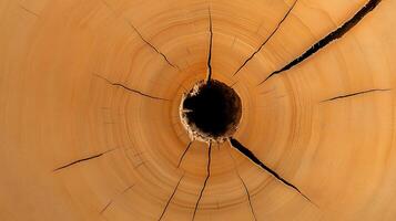 Close-up view of a wooden log's cross-section showcasing intricate cracks and hollow center photo