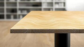 Close-up view of a wooden table surface showcasing natural grain patterns in a modern interior setting photo
