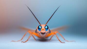 Close-up view of an insect with striking blue eyes against a blurred colorful background photo