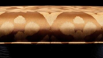 Close-up view of an elegant upholstered cushion showcasing intricate golden patterns against a dark background photo