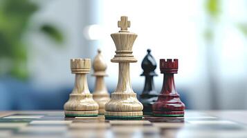 Close-up view of chess pieces on a wooden board, with a blurred background of a bright room photo
