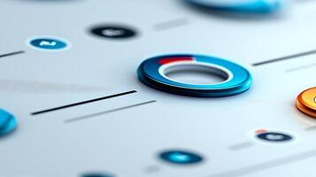 Close-up view of colorful control knobs on a modern interface with blurred background elements photo