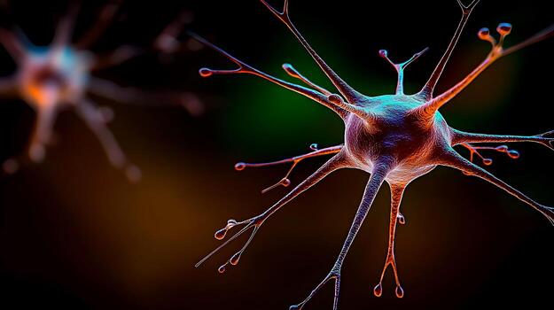 Close-up view of colorful neurons showcasing intricate structures against a blurred background photo