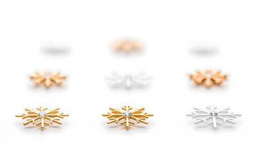 Close-up view of decorative snowflake ornaments in gold and silver on a white background photo