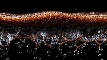 Close-up view of fizzy brown liquid with bubbles against a black background, showcasing texture photo