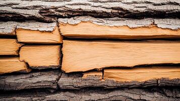 Close-up view of cracked wooden log showcasing texture and natural patterns in a forest setting photo