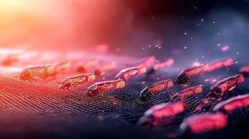Close-up view of glowing red crystals on a textured surface with a dreamy, colorful background photo