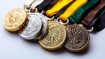 de cerca ver de oro, plata, y bronce medallas con vistoso cintas desplegado en un blanco antecedentes foto