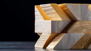 Close-up view of interlocking wooden blocks showcasing craftsmanship and texture, on a dark background photo