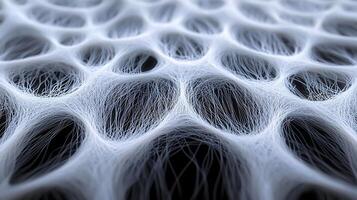 Close-up view of intricate white fiber network displaying interconnected structures and patterns photo