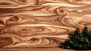 Close-up view of intricately patterned wooden surface with lush green foliage at the edge photo