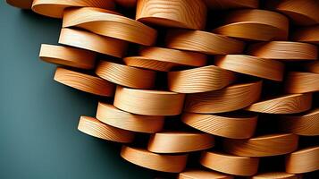 Close-up view of intricately stacked wooden circles creating a textured pattern against a green backdrop photo