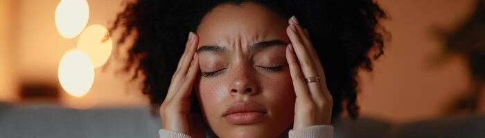 A woman sits on a couch, gently pressing her fingertips against her temples. Her eyes are closed in discomfort, surrounded by a softly blurred warm-lit background that suggests a cozy atmosphere photo