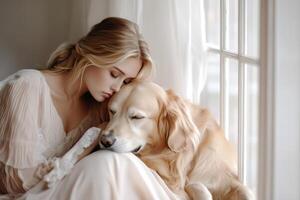 A serene moment unfolds as an elegant woman sits quietly by a sunlit window, caressing her golden retriever, creating an atmosphere of warmth and companionship illuminated by soft light photo