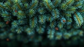 Close-up view of lush evergreen tree branches with pine cones, showcasing vibrant foliage photo