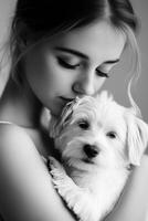 A woman cradles her small dog against her shoulder, showcasing a tender moment of connection. The soft-focus and chiaroscuro lighting enhance the portrait's timeless depth photo