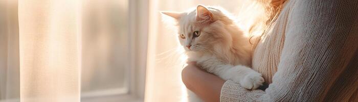 A serene young woman gently holds her fluffy cat as warm golden sunlight filters through a window, creating a dreamy glow and soft-focus ambiance photo