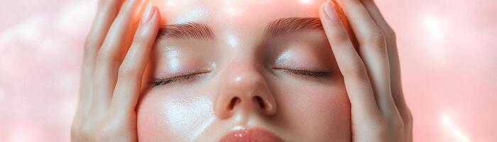 Soft light envelops a person with closed eyes, as gentle hands cradle their forehead, conveying care and relief in a tranquil environment focused on healing photo