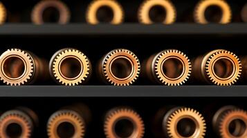 Close-up view of metallic gears arranged in a row on a shelf, showcasing intricate designs and textures photo