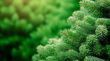 Close-up view of lush green pine tree branches with soft sunlight filtering through foliage photo