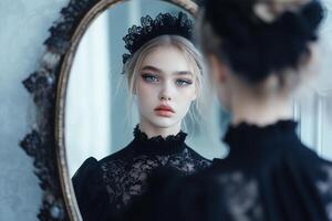 A high-fashion model gazes into a mirror, observing a different version of herself. The contrast creates a mysterious atmosphere, enhancing her captivating elegance photo