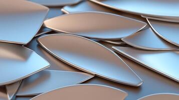 Close-up view of metallic leaf-shaped objects arranged in an artistic pattern, reflecting light photo