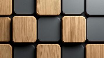 Close-up view of modern wooden and gray square tiles arranged in a geometric pattern photo