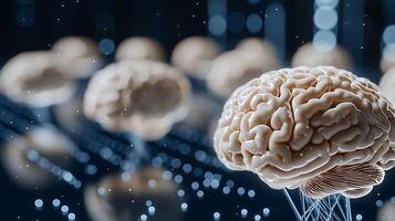 Close-up view of multiple human brains connected by glowing neural pathways in a digital environment photo
